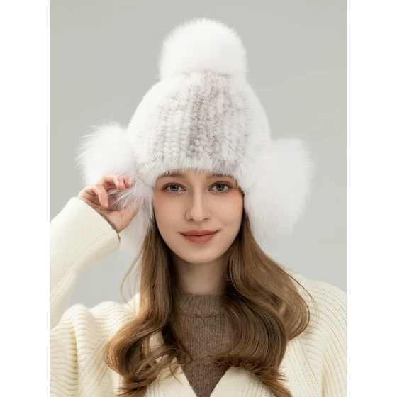 Mink double-sided elastic whole fur fox fur ear flap cap