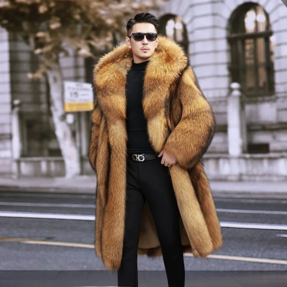 Longline Hooded Fur Coat with Shawl Lapel