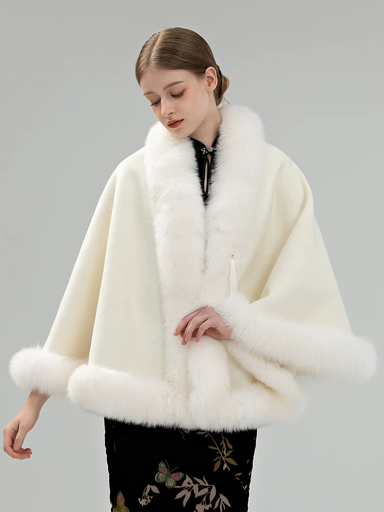 Women's Winter Warm Double-Faced Wool Cape with Fox Fur Collar