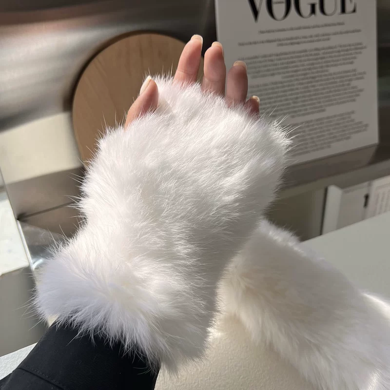 Women’s Real Rabbit Fur Fingerless Gloves, Thick Plush-Lined Winter Mittens, Warm Stretch-Fit Gloves