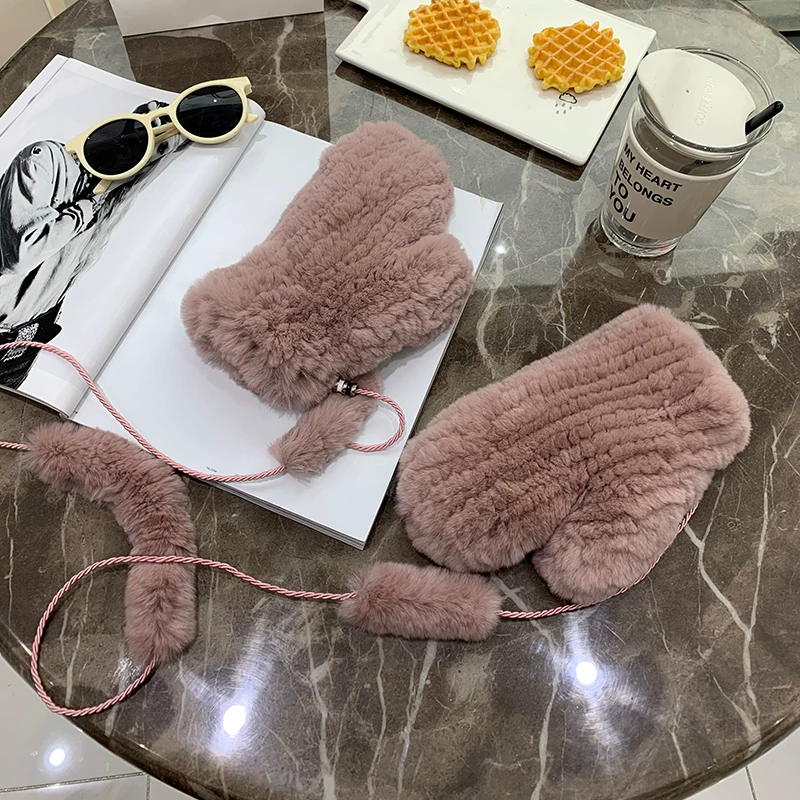 Genuine Rex Rabbit Fur Knitted Mittens – Warm, Stretchy & Cozy Winter Gloves