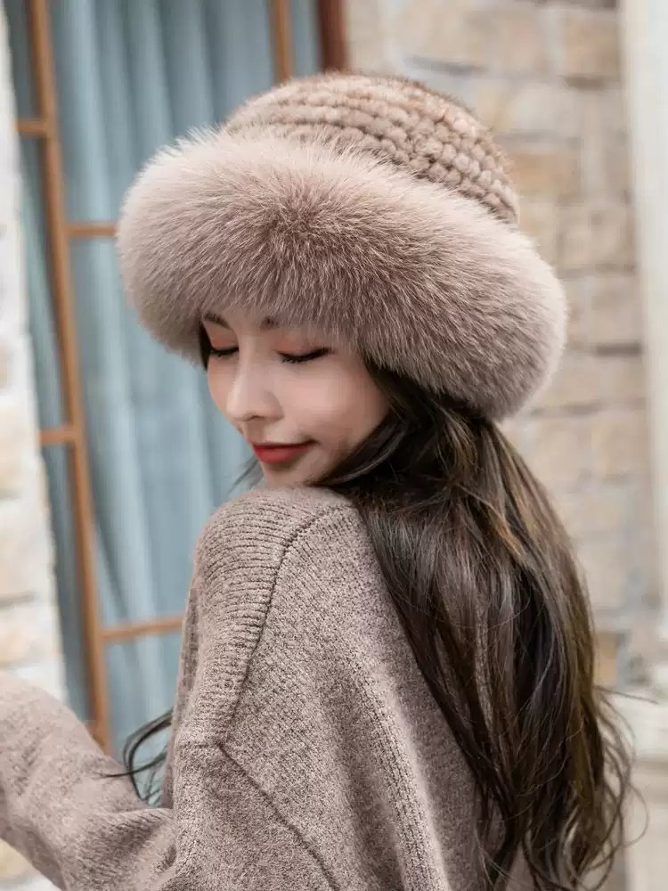 Women's Winter Casual Knitted Mink Fur Bucket Hat with Fox Fur Trim – Warm