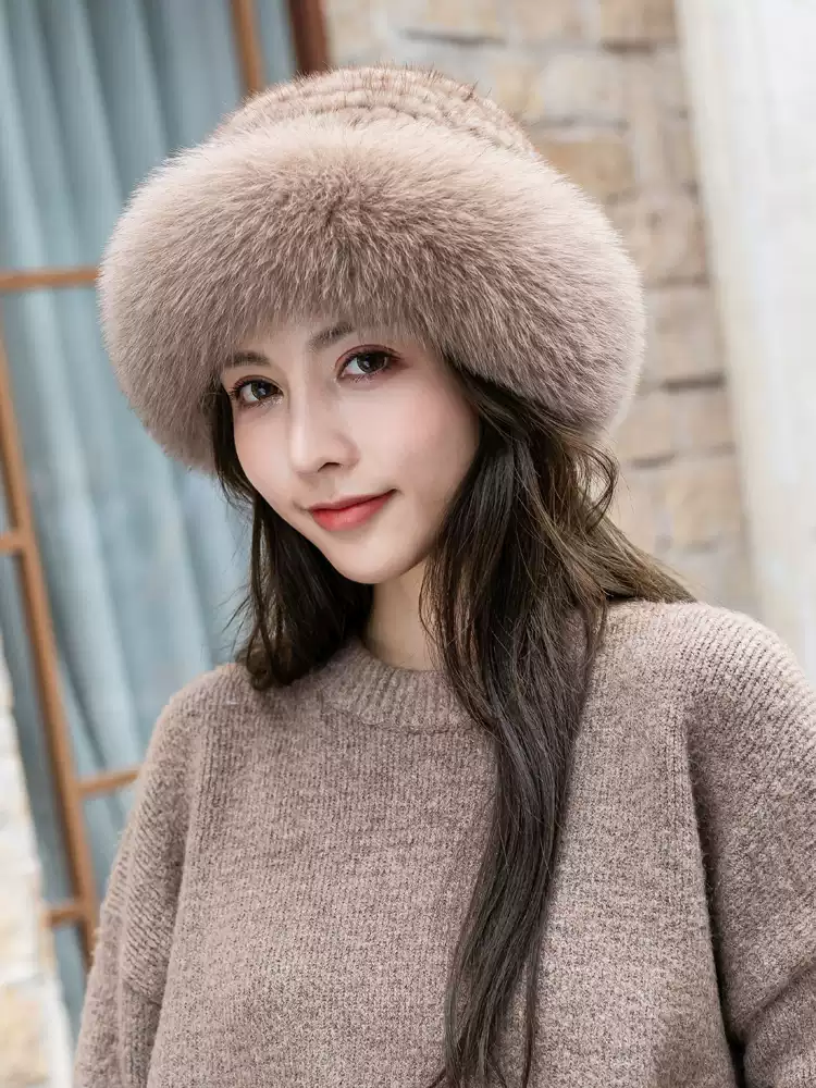 Women's Winter Casual Knitted Mink Fur Bucket Hat with Fox Fur Trim – Warm