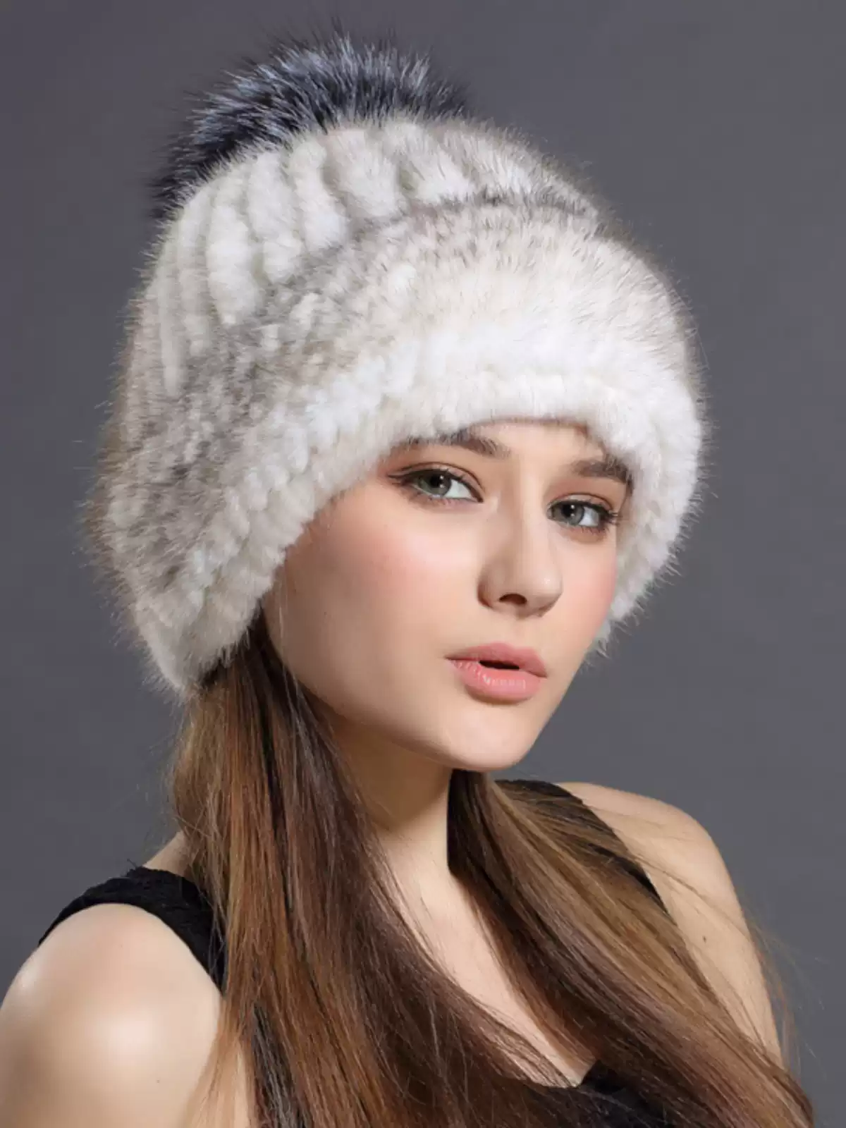 Women's New Knitted Mink Fur Hat – Thick, Warm Winter Hat with Ear Protection and Fox Fur Pom-pom
