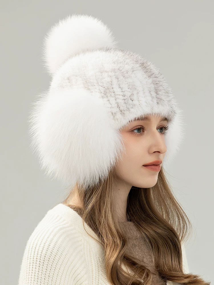 Women's versatile, sweet, and cute reversible stretch mink fur hat, featuring warm, full-pelt fox fur ear flaps