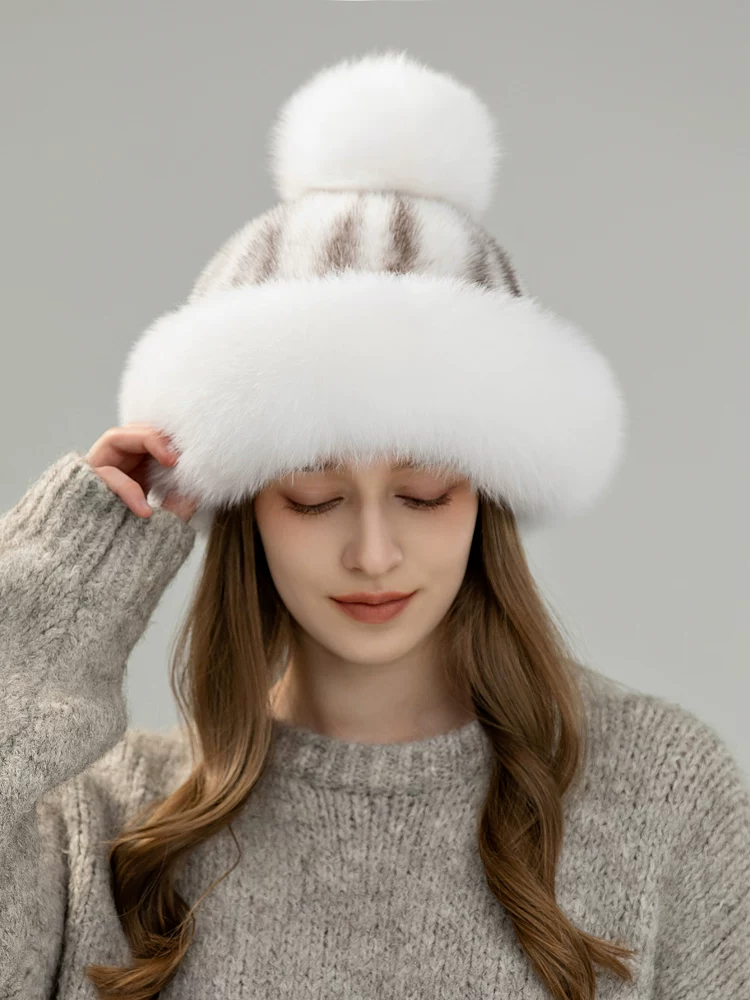 Women's Warm & Casual Mink Fur Hat – Stylish, Versatile, and Topped with a Fox Fur Pom-pom