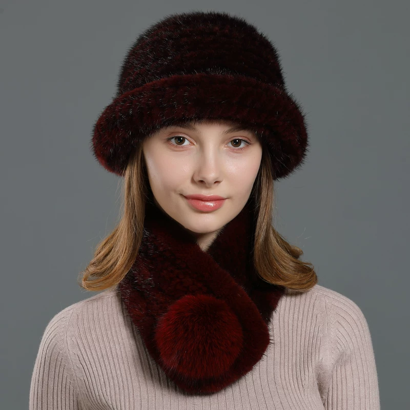 Women's Mink Fur Hat with Fox Fur Pom-pom Scarf – Warm Outdoor Ear-Protecting Fur Hat