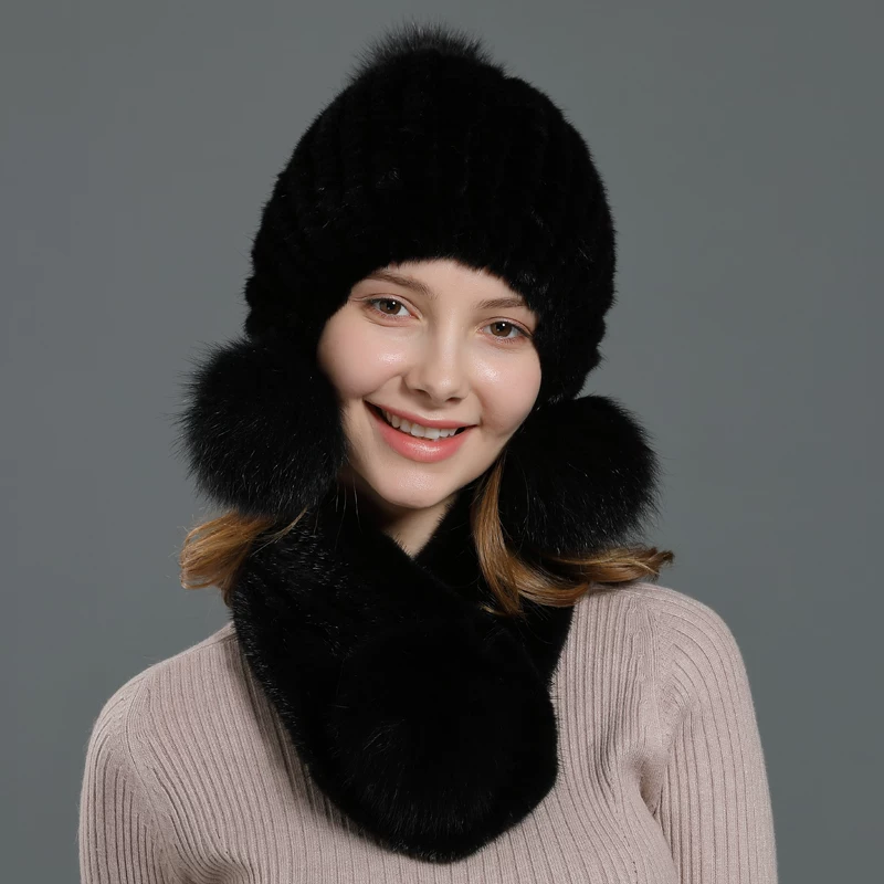 Women's Winter Mink Fur Hat with Fox Fur Pom-Poms and Ear Flaps – Warm, Cute, and Stylish; Ideal for Cycling and Commuting