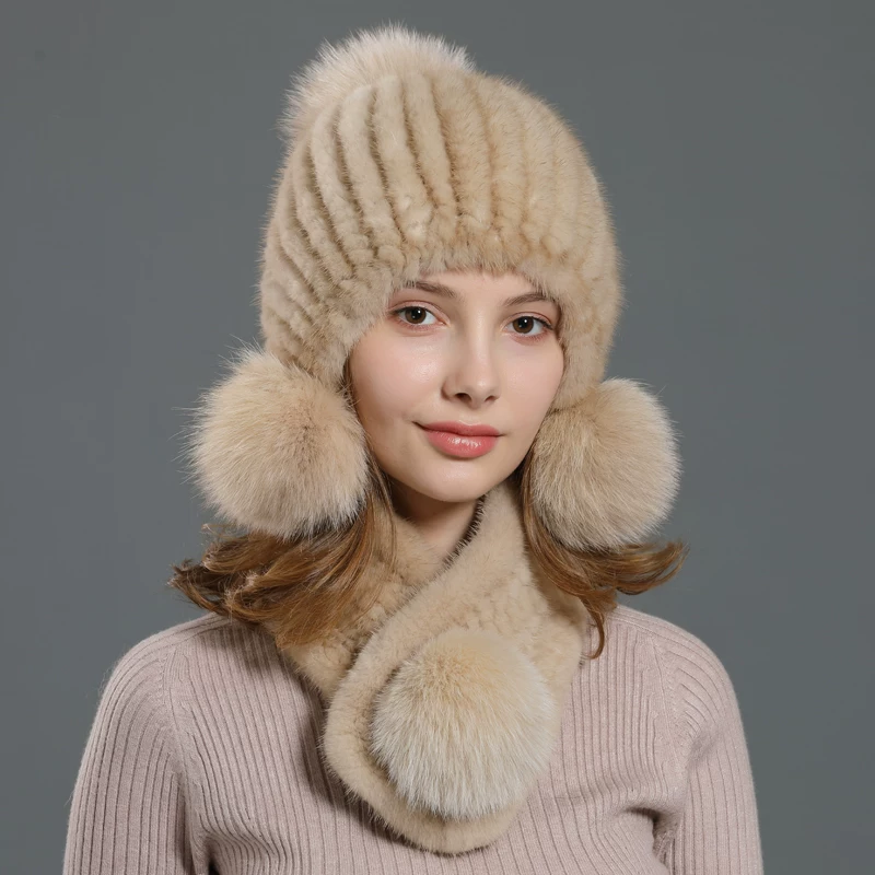 Women's Winter Mink Fur Hat with Fox Fur Pom-Poms and Ear Flaps – Warm, Cute, and Stylish; Ideal for Cycling and Commuting