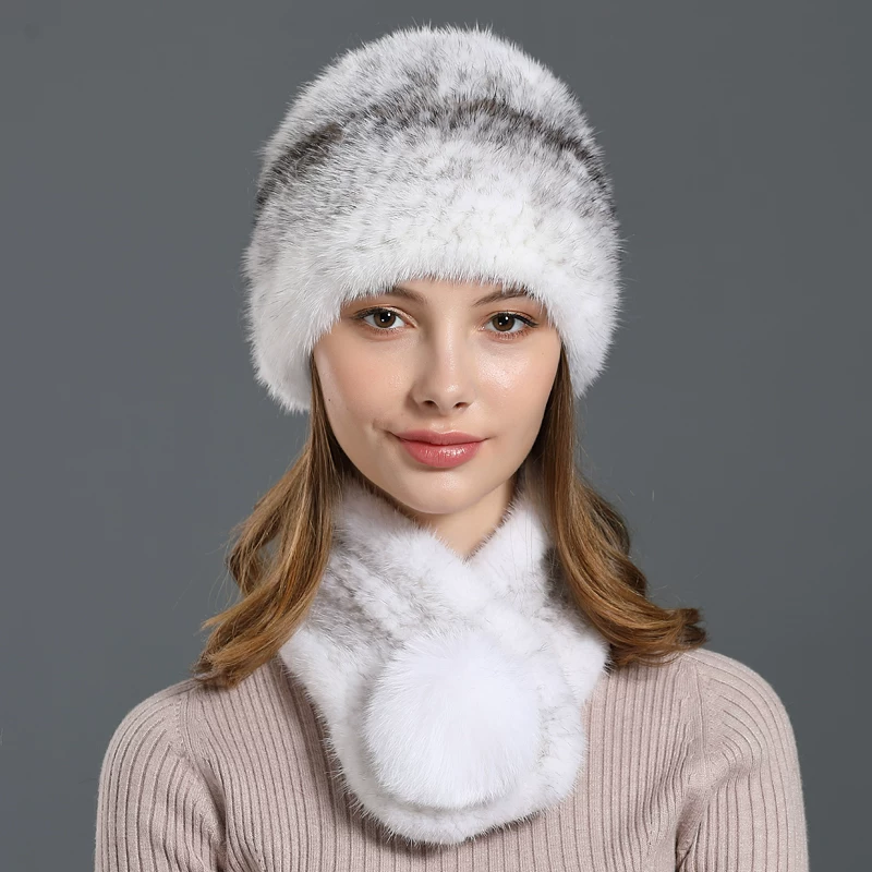 New Women's Winter Mink Hat – Outdoor Fur Hat with Ear Flaps, Stylish Fox Fur Pom-pom, and Matching Mink Scarf