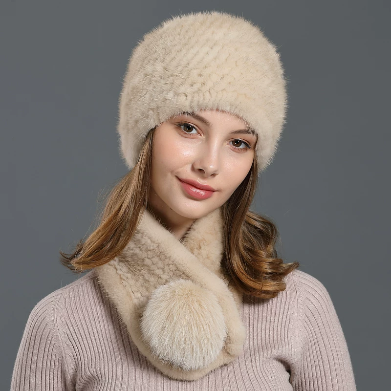 New Women's Winter Mink Hat – Outdoor Fur Hat with Ear Flaps, Stylish Fox Fur Pom-pom, and Matching Mink Scarf
