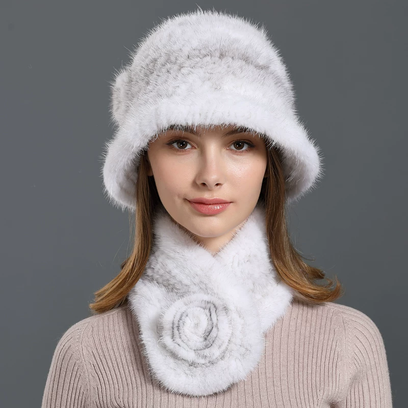Women's Fur Hat – Mink Fur Bucket Hat with Ear Protection for Outdoor Warmth (Knitted Style)