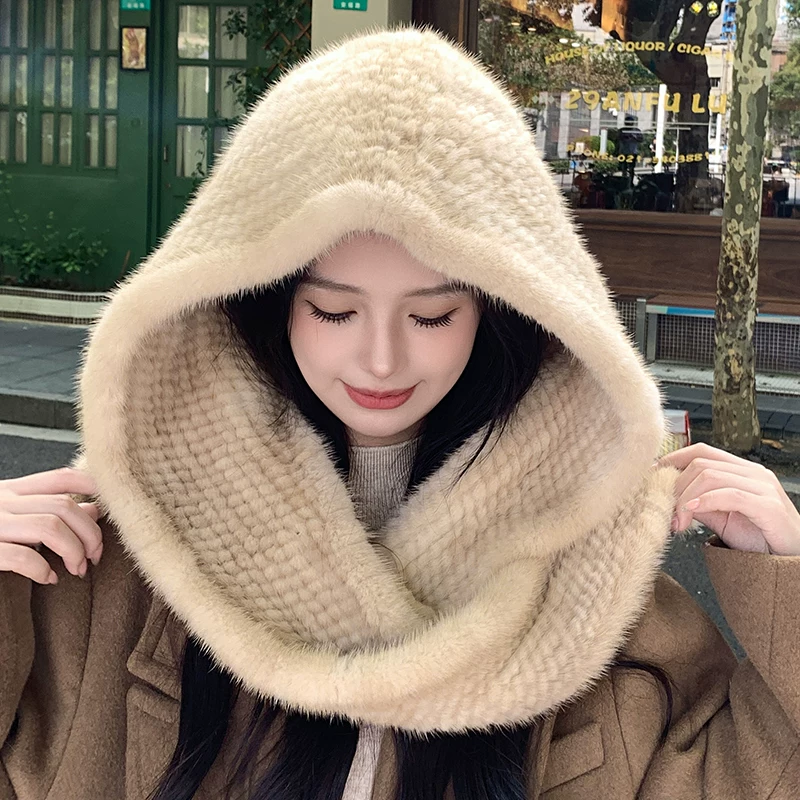 Women's Knitted Mink Fur Hat with Scarf – Winter Warm Earflap Hat, All-in-One Real Fur Headwear for Outdoor Wear