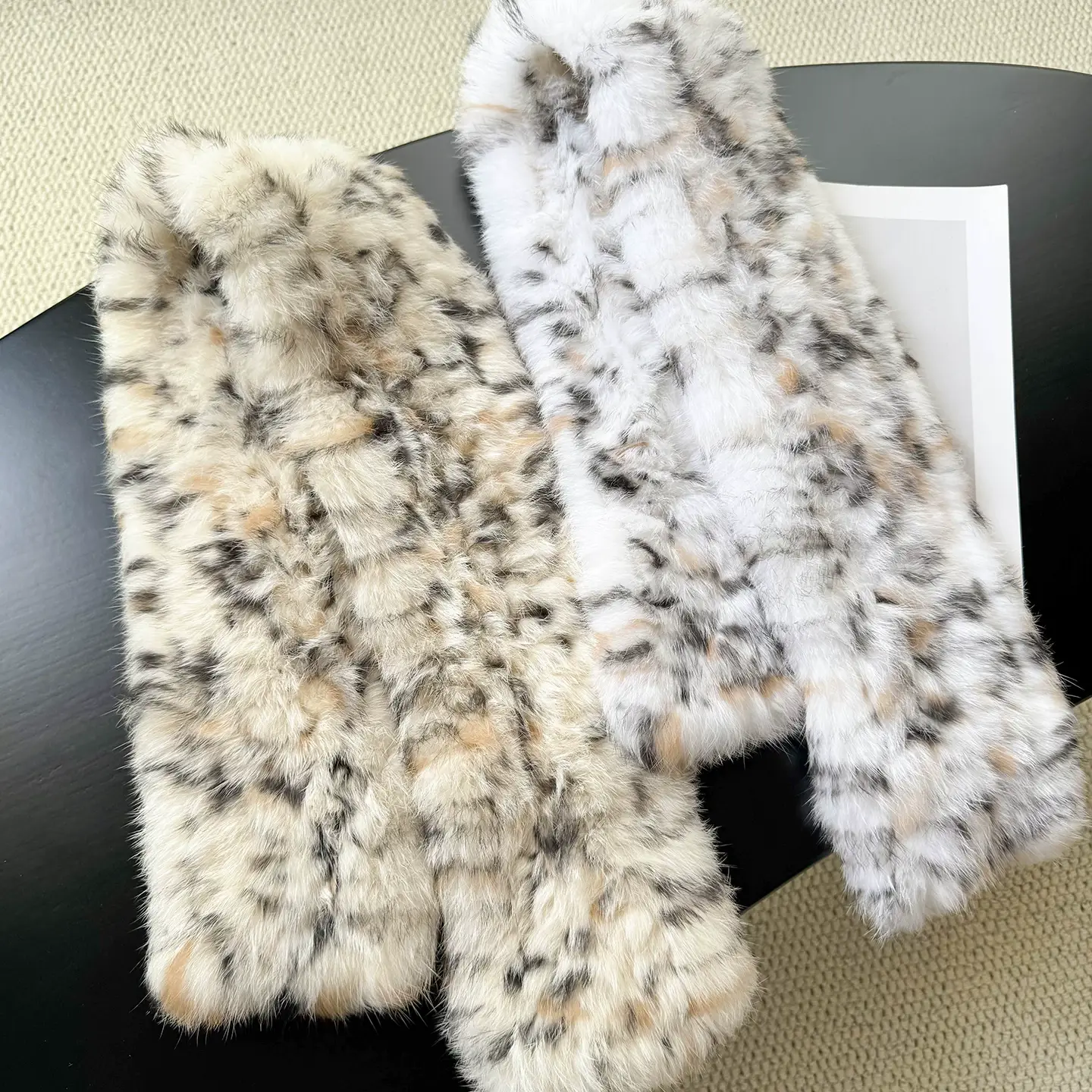 Faux Lynx-Color Rabbit Fur Handwoven Cross-Over Scarf – Warm Winter Fur Neck Wrap