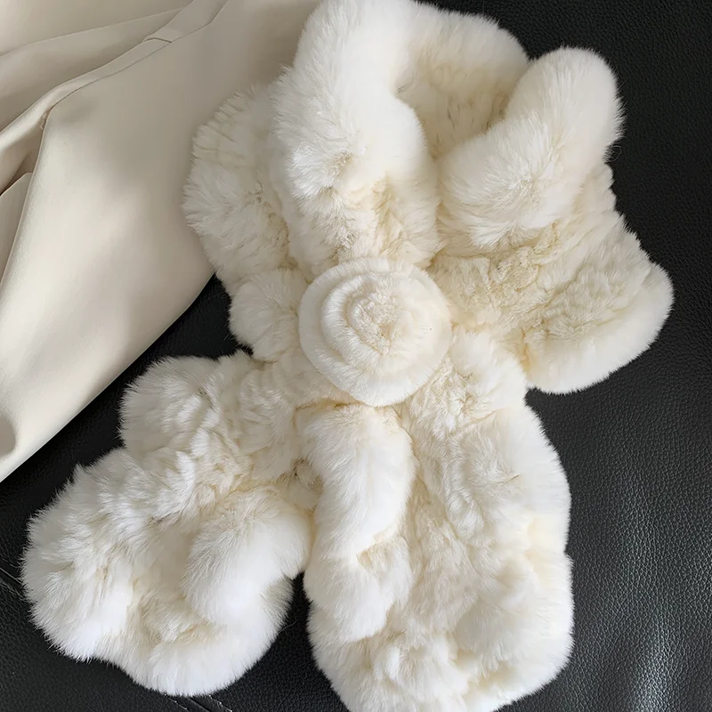 Double-Sided Rex Rabbit Fur Scarf for Women – Woven Real Fur Wrap with Ruffled Edges, Warm Winter Neck Warmer