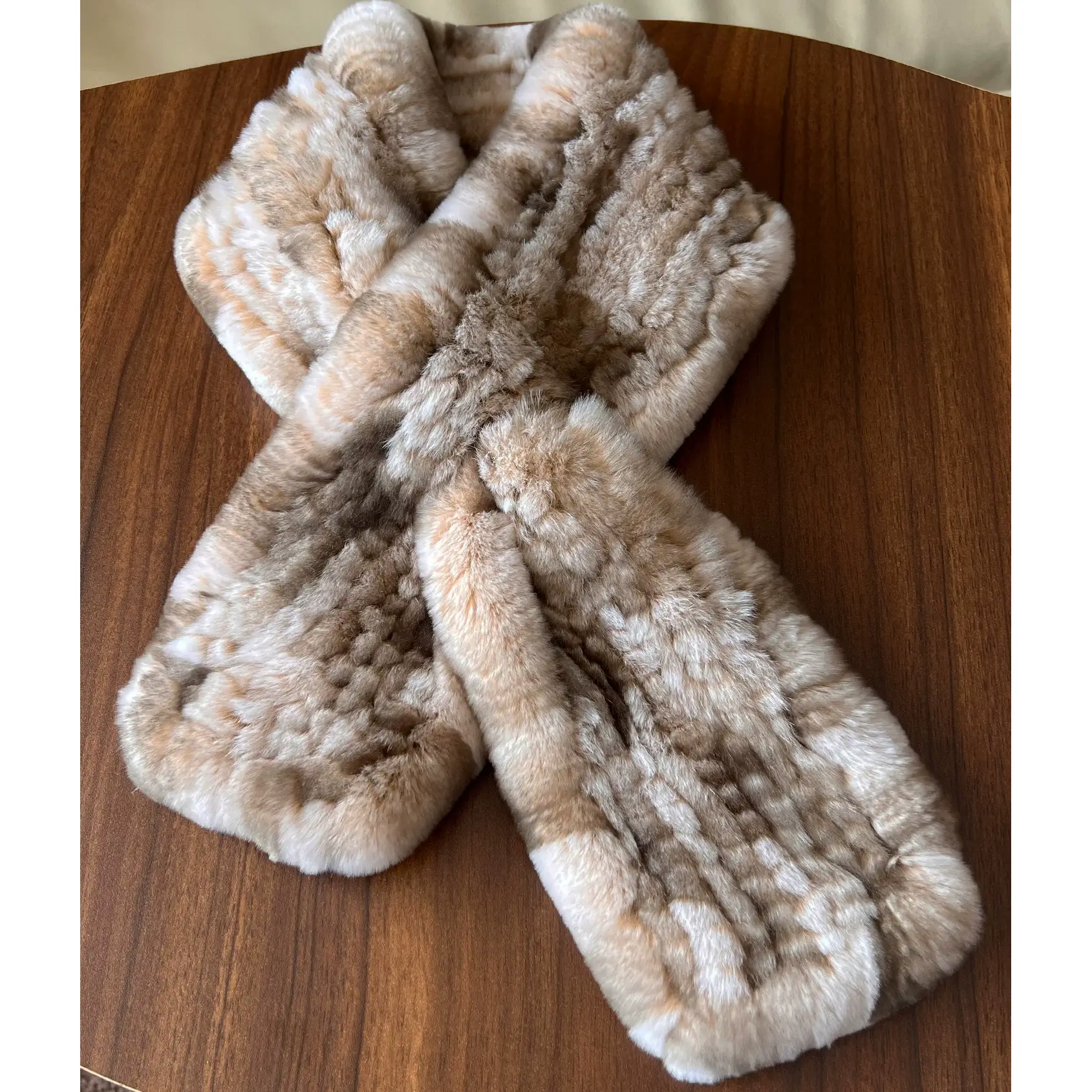 Chinchilla-Tone Rex Rabbit Fur Scarf – Women's Thick & Warm Knitted Real Fur Winter Neck Wrap, Elegant & Versatile