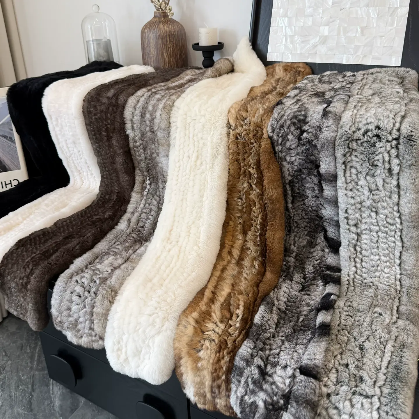 Long Double-Sided Rex Rabbit Fur Scarf – Thick Warm Knitted Fur Neck Wrap for Men & Women, Casual & Versatile Winter Accessory