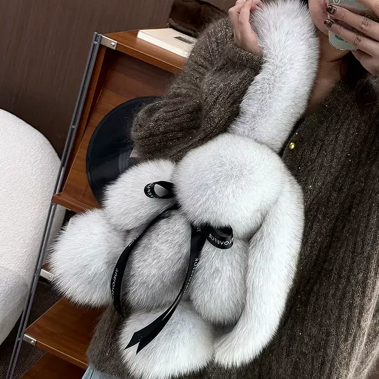 Fox Fur Bunny Bag Charm – Cute Large Rabbit-Shaped Fur Keychain, Luxury Gift & Backpack Accessory
