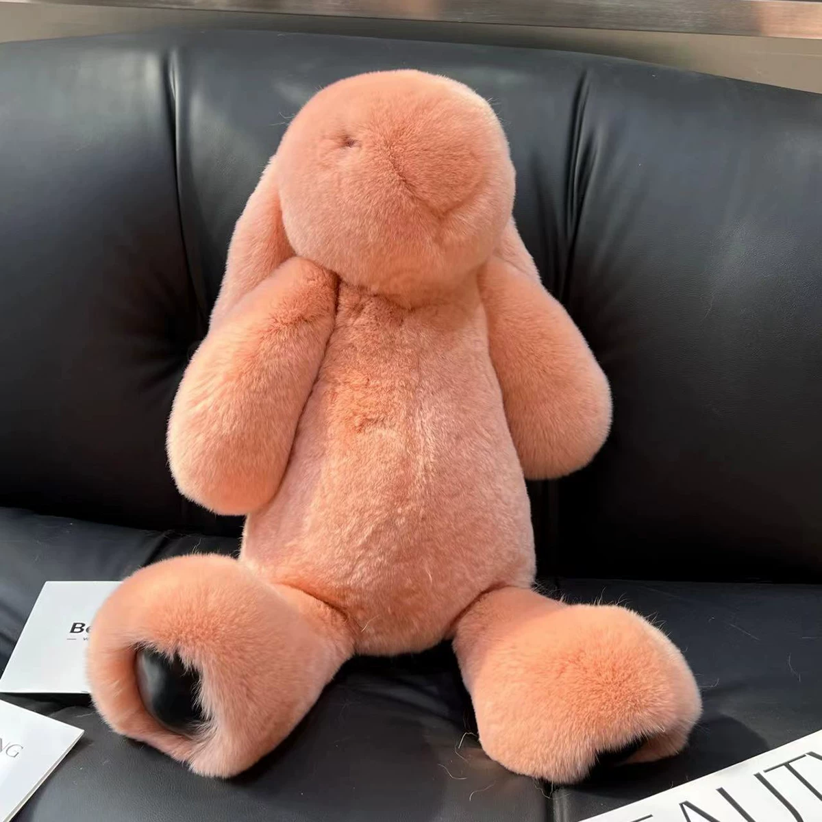 Genuine Rex Rabbit Fur Bunny Plush Toy – Oversized Floppy-Eared Rabbit, Real Fur Decorative Stuffed Animal & Comfort Toy