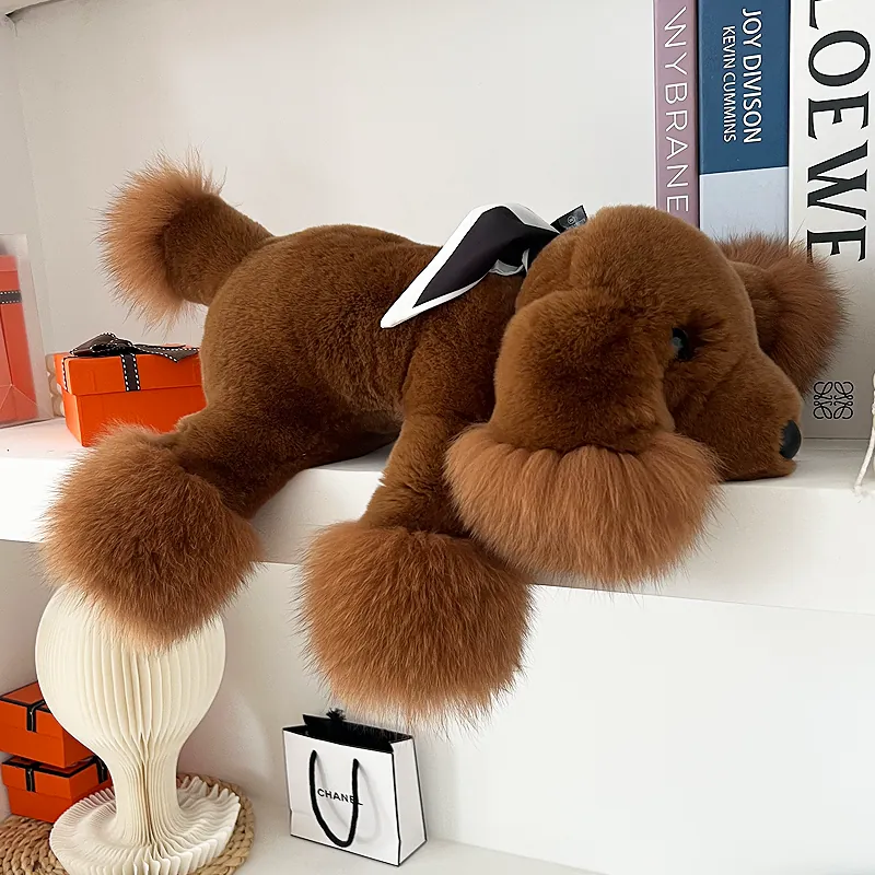 Brown Teddy Dog Plush – Real Rex Rabbit & Fox Fur Stuffed Puppy, Cute Fluffy Dog Toy, Birthday Gift for Kids