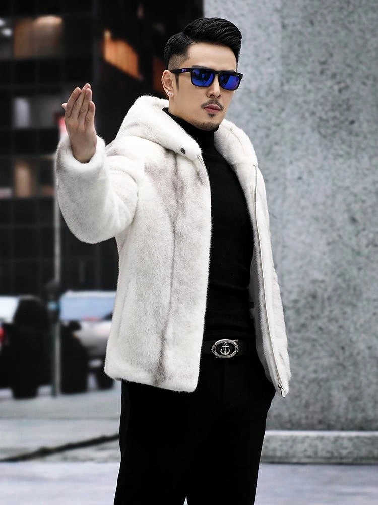 Men's New Danish Silver Cross Mink Coat – Natural Genuine Fur, Casual & Stylish Hooded Design