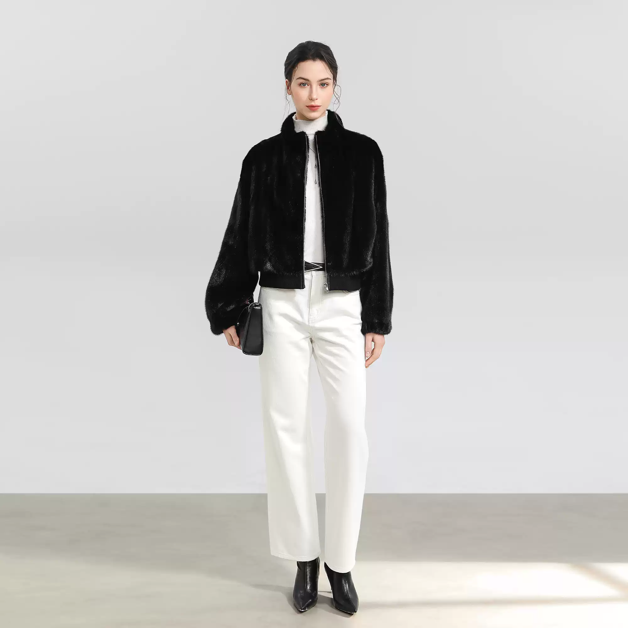 Women's Copenhagen Mink Short Jacket – Wide Stand Collar, Zip-Front