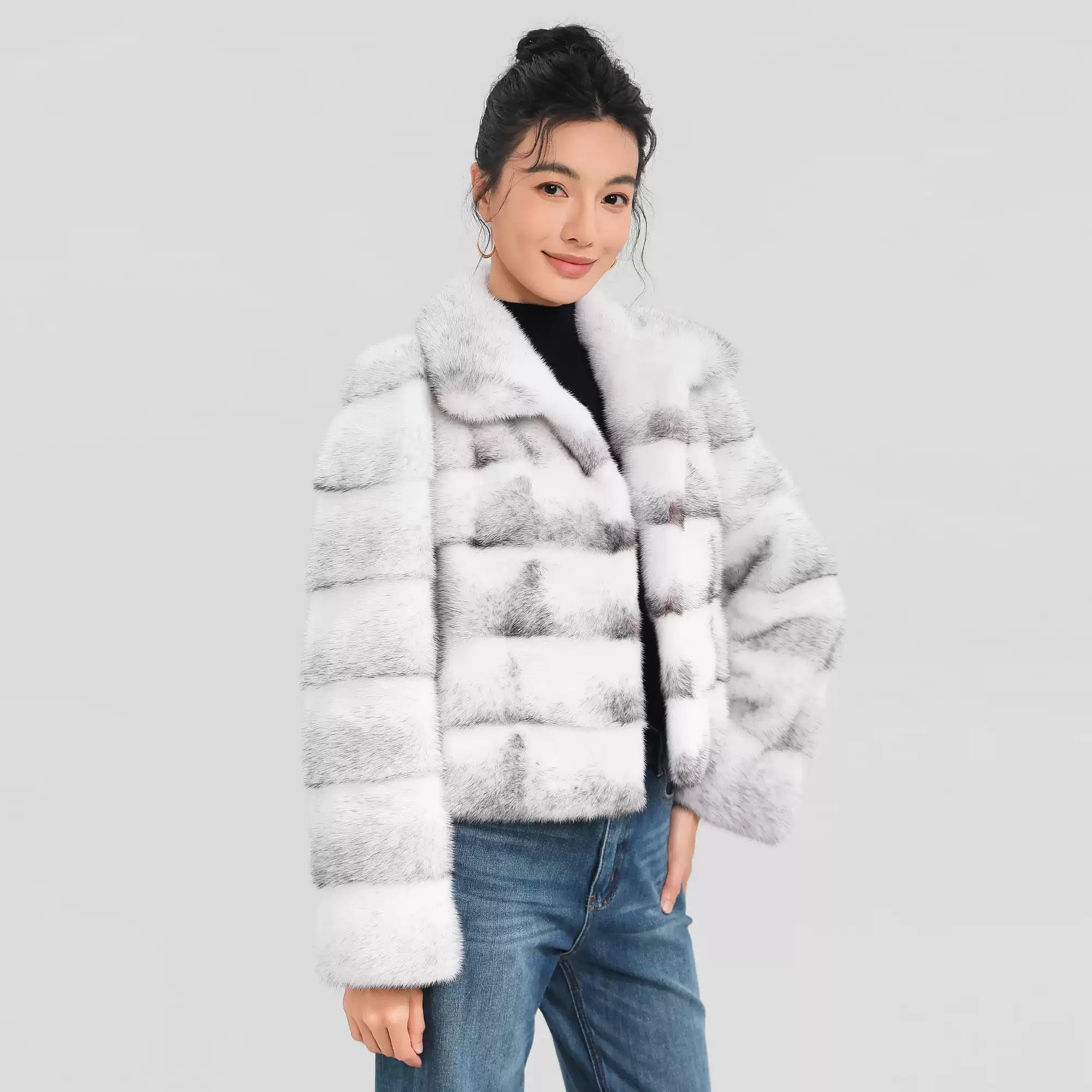 Women's elegant, minimalist, and versatile short-length natural-color Cross Mink fur coat with a lapel collar